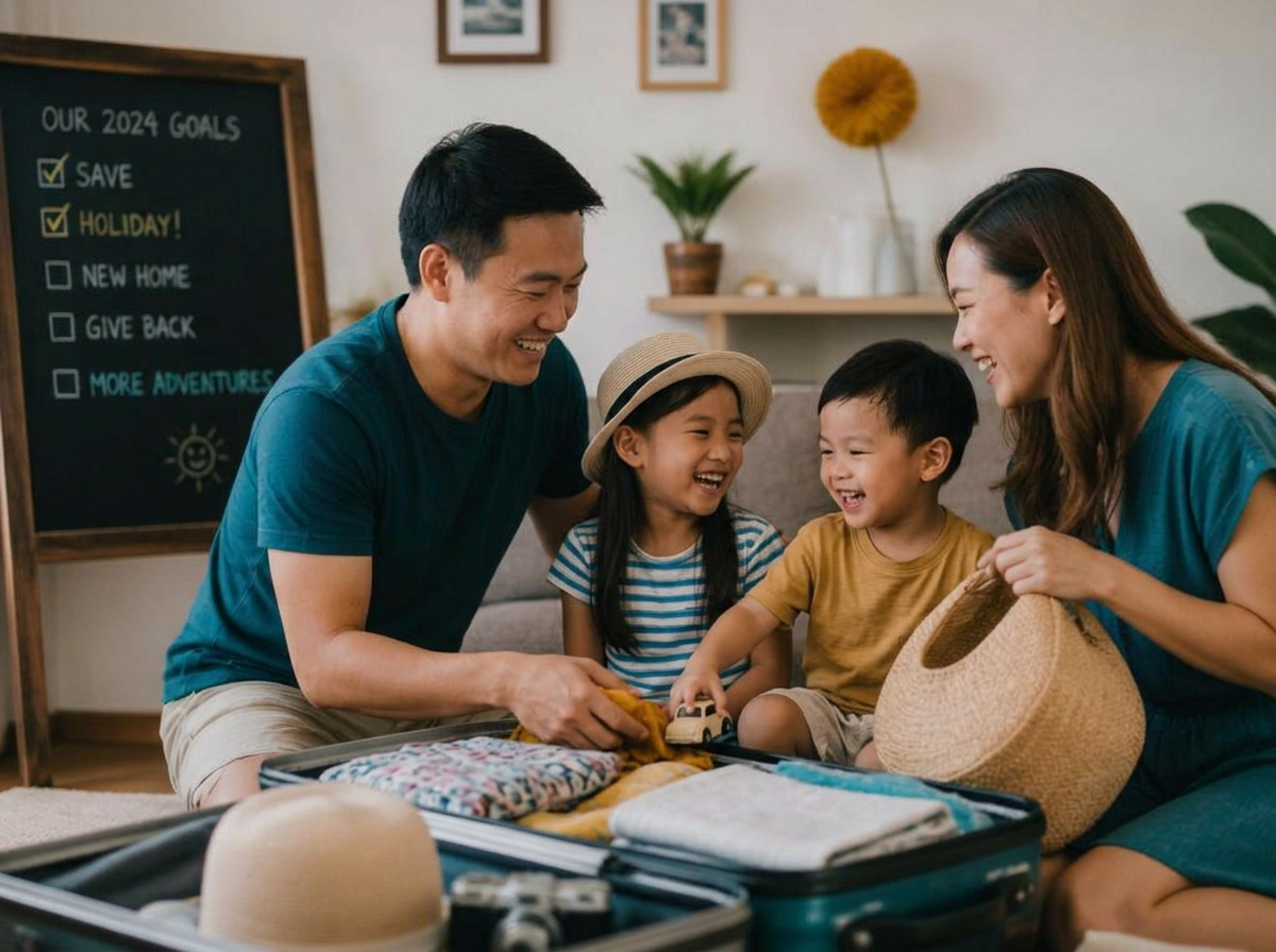 A joyful family packing together for a holiday they saved for